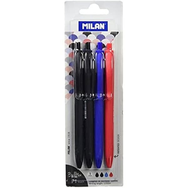 Stylos P1 touch - MILAN - Blister med 4 - 2 svarta, 1 blå, 1 röd - Spets 1 mm - Skrivlängd 1200m