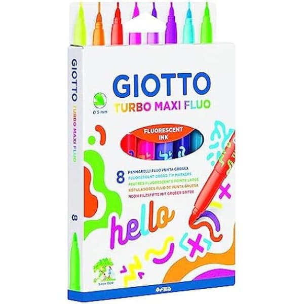Färgpennor - GIOTTO - Turbo Maxi Fluo - 8 Färger - Spets 5 mm - Tvättbara med vatten