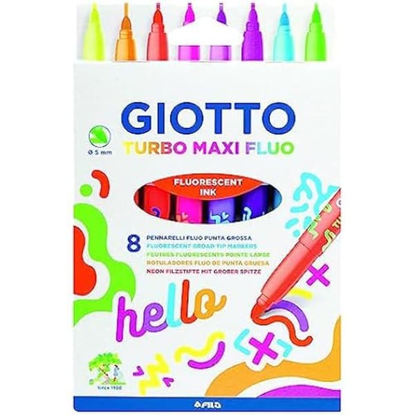 Färgpennor - GIOTTO - Turbo Maxi Fluo - 8 Färger - Spets 5 mm - Tvättbara med vatten