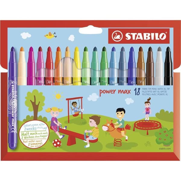 Färgpennor - STABILO - Power Max - 18 Assorter - Medelspets - Tvättbar bläck