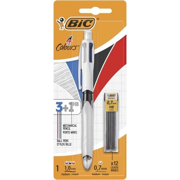BIC 4 färger 3+1 HB Kulspetspenna och mekanisk penna - Blister med 1 + 12 avledningar 0,7 mm HB
