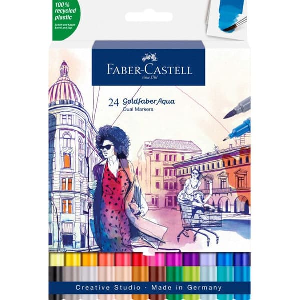 Vattenfärgspennor - FABER-CASTELL - GOLDFABER - Förpackning med 24 - Mjuk penseltopp - Fin spets 0,4 mm