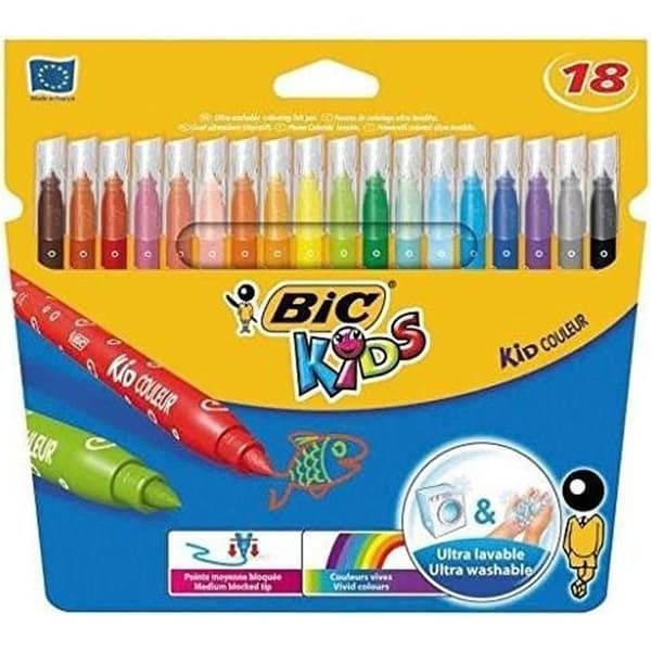 Färgpennor - BIC - Kids x18 - Ultratvättbar - Ljusa färger - Medium blockerad spets