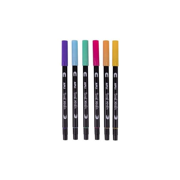 6 färgpennor - Penselspets - Pastellfärger - Brush marker - APLI