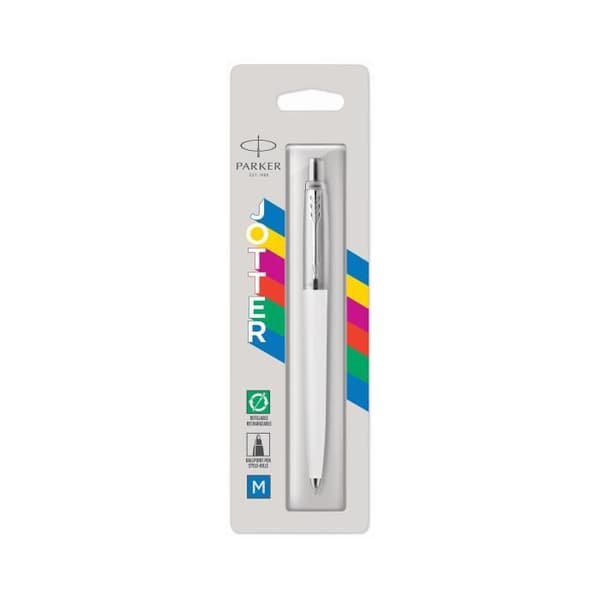 PARKER Jotter Originals kulspetspenna, vit, kromkant, mellanspets blå refill, i blisterförpackning