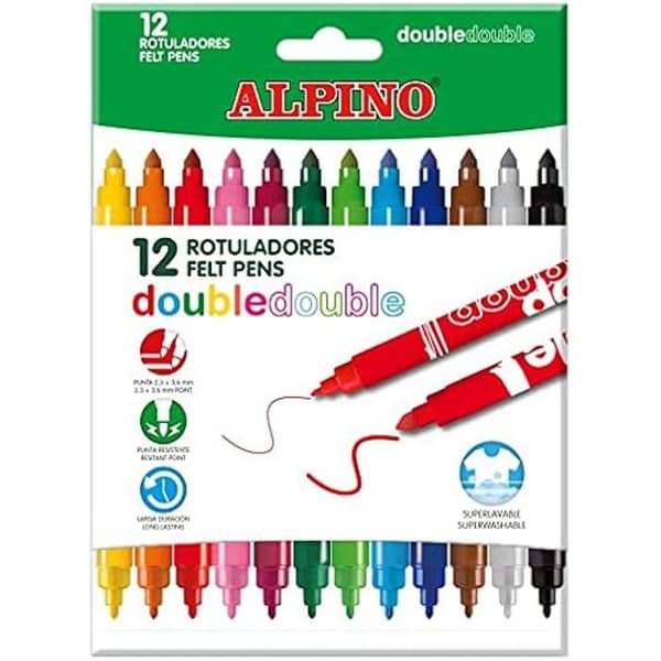 Påse med markörer - ALPINO - Modell SAC 10+2 ROT DOUBLE - Fin och tjock spets - Ljusa färger - Supertvättbar