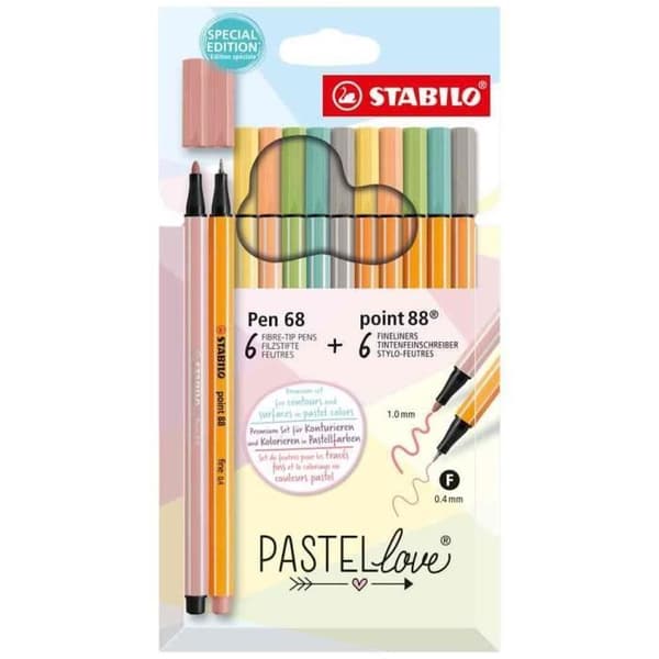 Set med tuscher - STABILO - Pen 68 OCH point 88 - Pastellfärger - 12 stycken - Fin spets