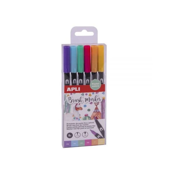 Penslar - APLI - Set med 6 - Pastellfärger - Dubbla spetsar - Giftfri bläck