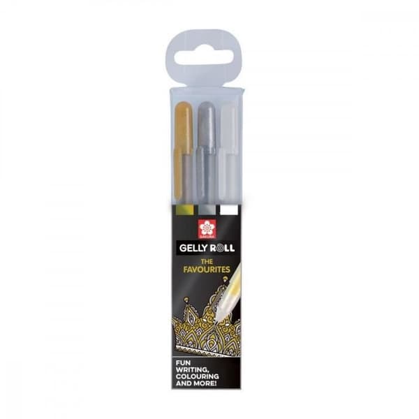Set med 3 Sakura Gelly Roll Metallic Gel Pennor - Guld Silver Vit - Gel Bläck - Diverse