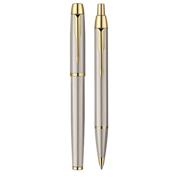 PARKER IM duo box, kulspetspenna och rullbollspenna, borstad metall, guldkant, svart refill med medium spets