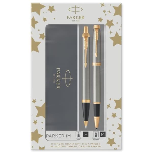 PARKER IM duo box, kulspetspenna och rullbollspenna, borstad metall, guldkant, svart refill med medium spets