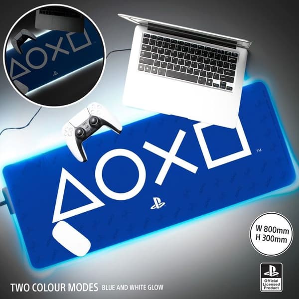 Playstation skrivbordsmatta - PALADONE - 30cm x 80cm - LED-ljus - Blå/Vit