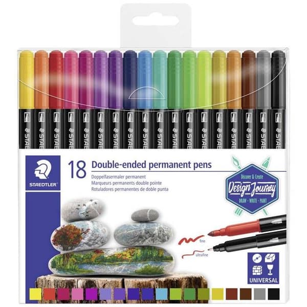 STAEDTLER® permanent twin-tip 3187 Design Journey - Set med 18 olika permanenta fina och superfina pennor