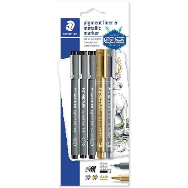 Set med 5 Staedtler Pigment Liner och Metallic Marker blandade färger och spetsar