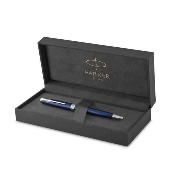 PARKER sonett kulspetspenna, raffinerad blå, palladiumkant, svart medellång påfyllning, presentförpackning
