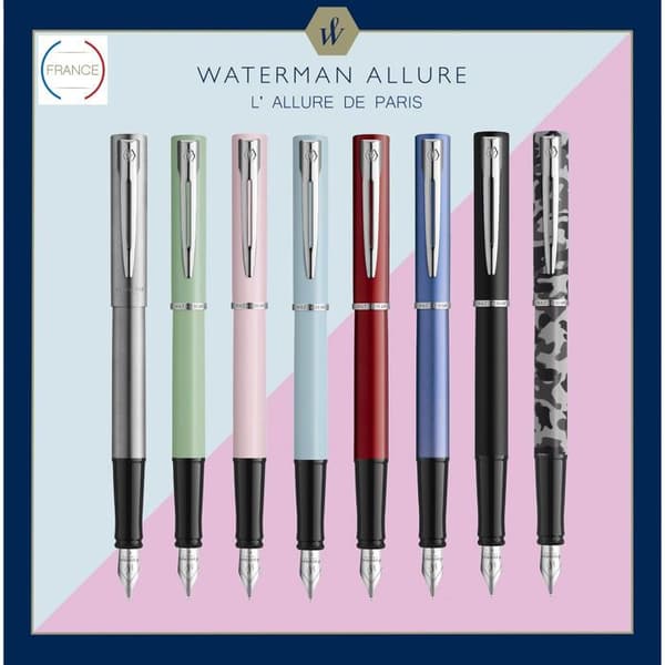 WATERMAN Graduate Allure Reservoarpenna, satinsvart lack, kromkant, fin spets, blå bläckpatron, presentförpackning