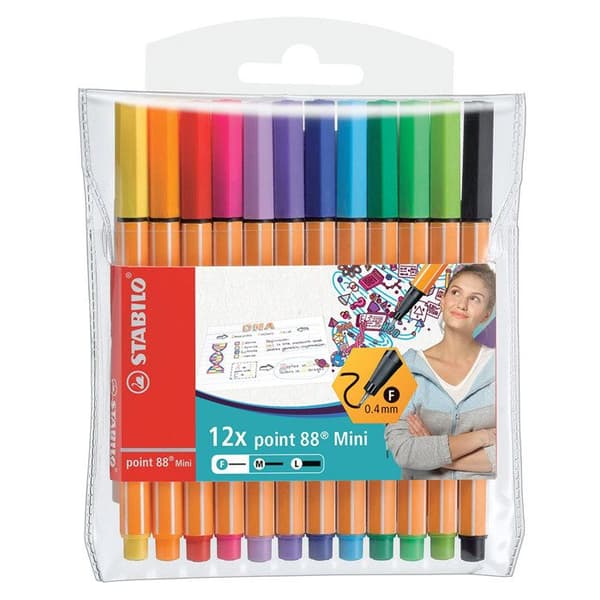 Filtpennor - STABILO - point 88 Mini - Set om 12 - Fin spets 0,4 mm - Diverse färger