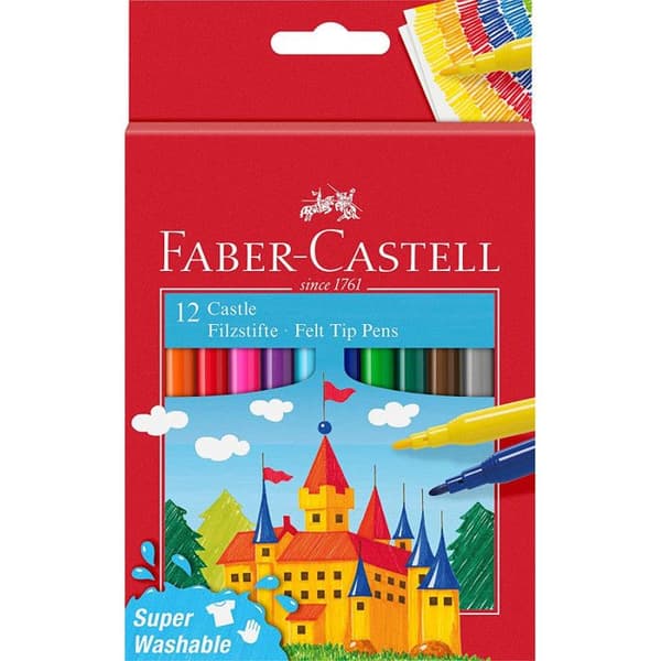 Tuschpennor - Faber Castell - Supertvättbar - 12 st - Solid spets - Flerfärgad