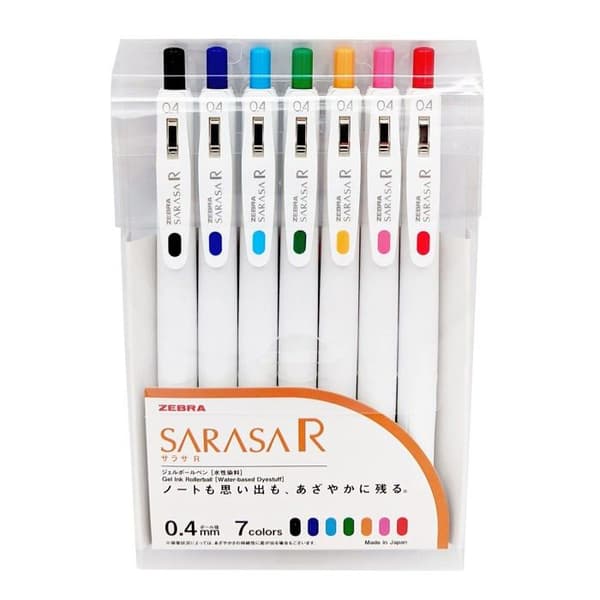Stylo - pennset - Zebra refill - JJS29-R1-7C - Sarasa R 0,4 mm Set med 7 gelpennor och klisterlappar