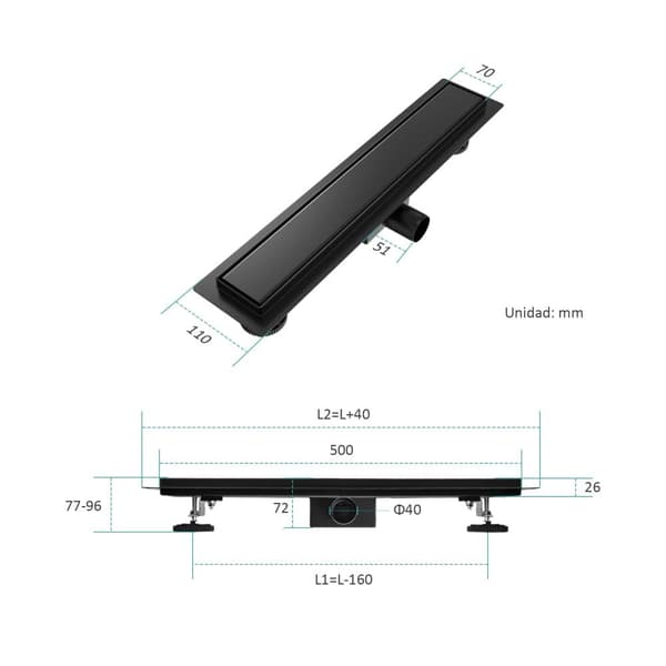EMKE Lineaarinen suihkukaivo 50x7 cm - musta matta, SUS304 ruostumaton, kaksinkertainen asennus