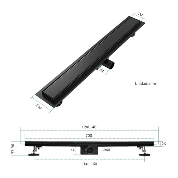 EMKE Linear Well 70x7 cm - Musta mattapinta, SUS304, joustava asennus