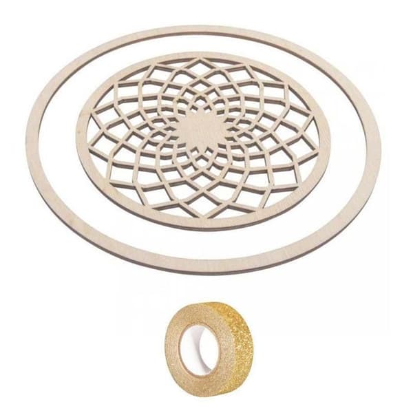 Träskivor för Drömfångare Ø 13 cm + ring 18 cm + guldglitter maskeringstejp 5 m