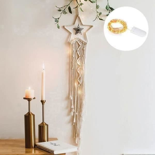 Drömfångare - Makramé - Stjärna - LED-ljusslinga - 94 cm - Inomhus