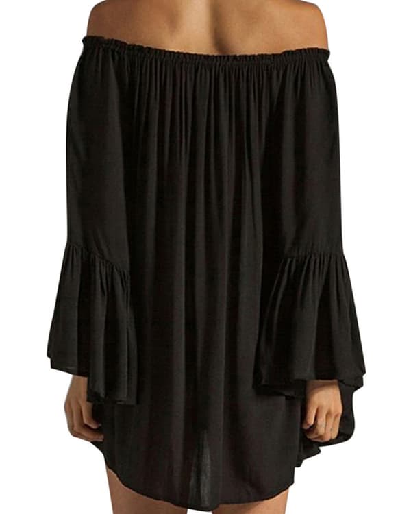 US Plus 11 Färger Dam Off Shoulder Solid Långärmad Chiffong Lös Mini Klänning