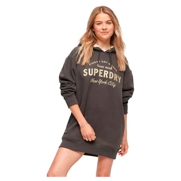Superdry Långärmad Kort Klänning Luxe Metallic Logo Hood Svart 2XS-XS Kvinna