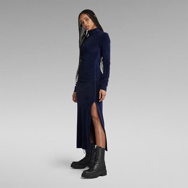 G-star Långärmad Kort Klänning Velvet Slit Blå S Kvinna