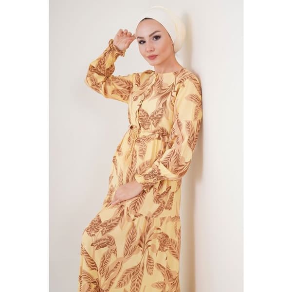 Mönstrad hijabklänning - gul, storlek: 40