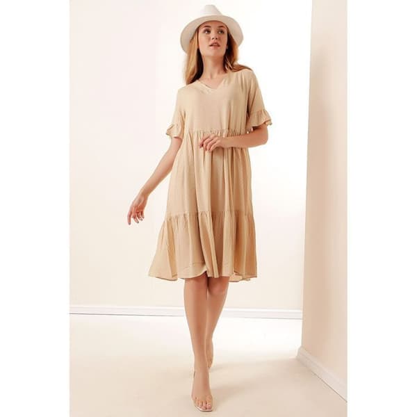 Polka Dot V-Neck Dress - Beige - Storlek 36 - Dam - Vuxen