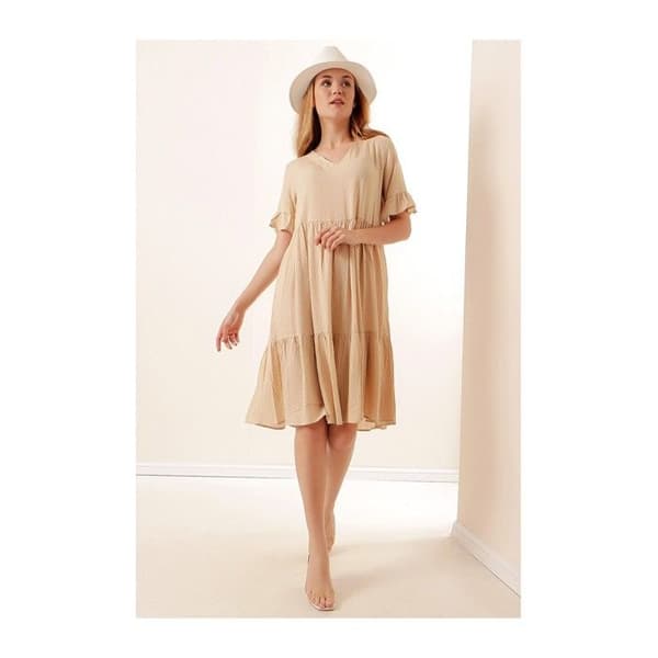 Polka Dot V-Neck Dress - Beige - Storlek 36 - Dam - Vuxen