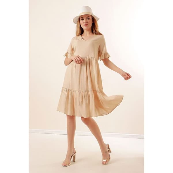 Polka Dot V-Neck Dress - Beige - Storlek 36 - Dam - Vuxen