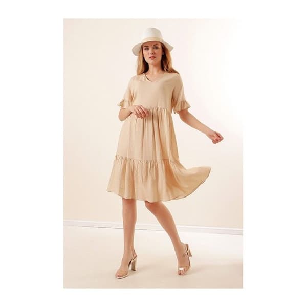 Polka Dot V-Neck Dress - Beige - Storlek 36 - Dam - Vuxen