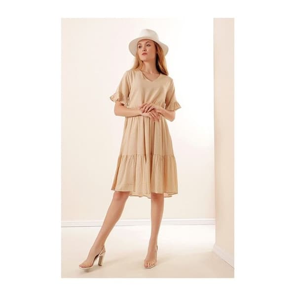 Polka Dot V-Neck Dress - Beige - Storlek 36 - Dam - Vuxen