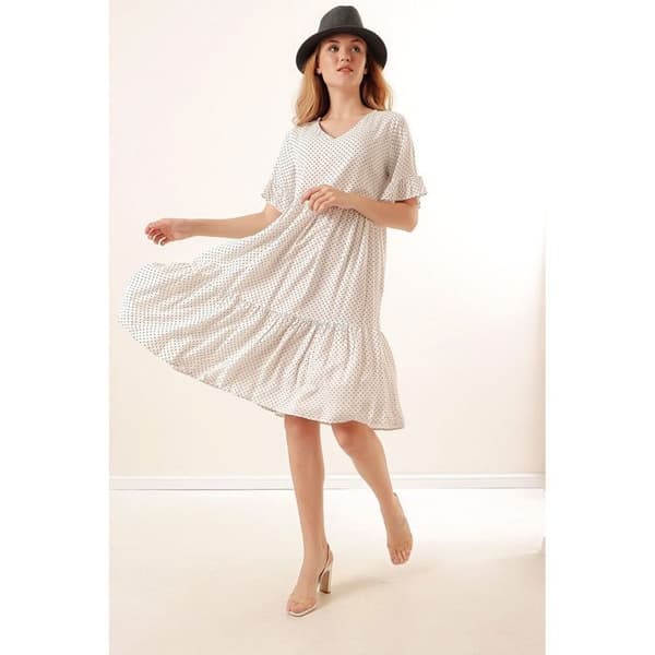 Polka Dot Dress - Vit - Dam - V-ringad - 100% Viskos