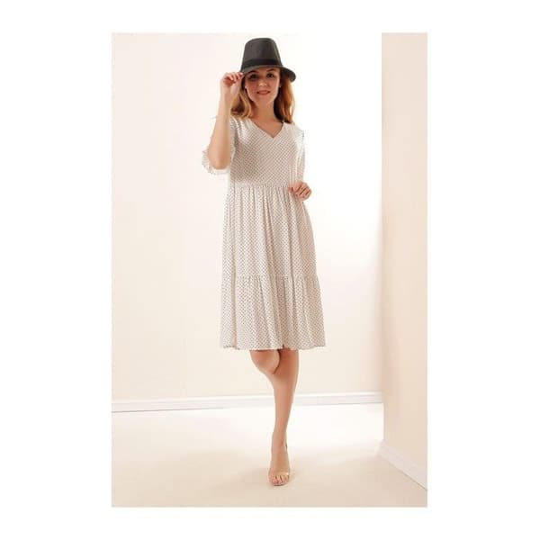 Polka Dot V-Neck Klänning - Vit, Storlek: 42