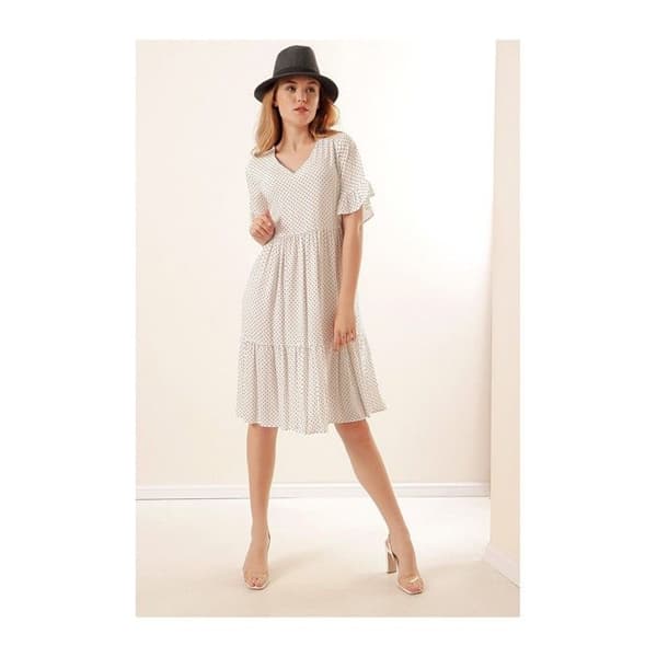 Polka Dot V-Neck Klänning - Vit, Storlek: 42