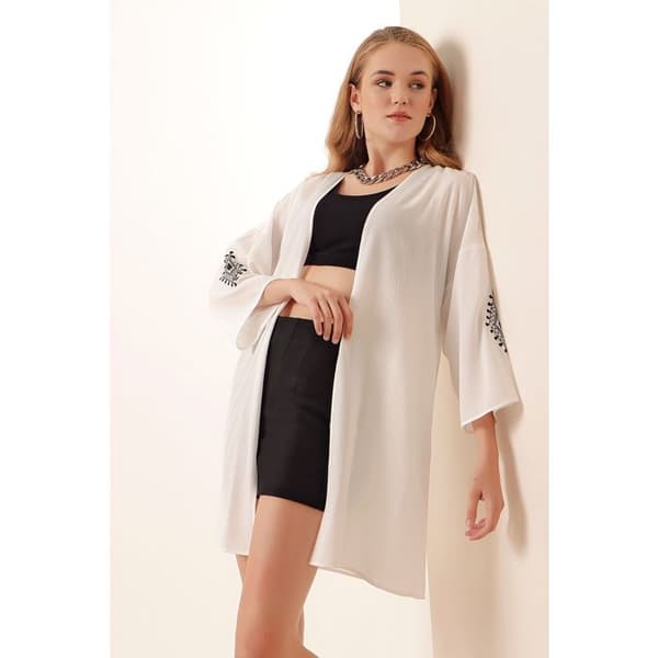 Broderad kimono - Vit - Dam - Storlek 36