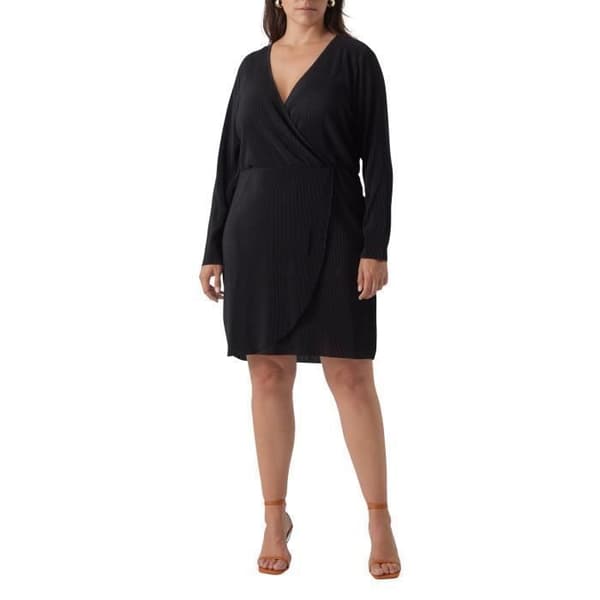 Kort klänning VERO MODA CURVES svart - Ombruten snitt - Långa ärmar - V-ringad hals