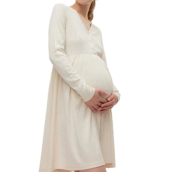 Beige klänning för kvinnor Vero Moda Graviditet Rib - Långa ärmar - V-ringning - Material: 77% polyester, 23% viskos