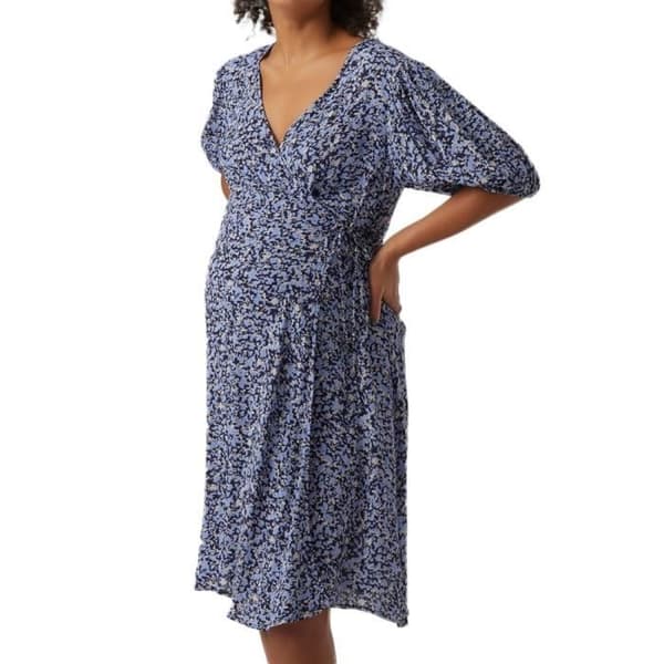 Robe Femme Vero Moda Maternité Henna - Svart/Blå - V-ringning - Korta ärmar - Midjebälte