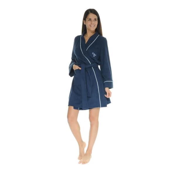 Peignoir Kimono Court Blå Marise - Badrock I Frotté - Fickor - Broderi Bows