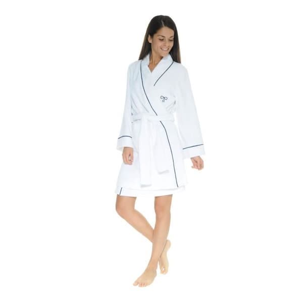 Badrock i frotté - Marise - Kort kimono i vitt - Fickor fram - Broderi i form av knut