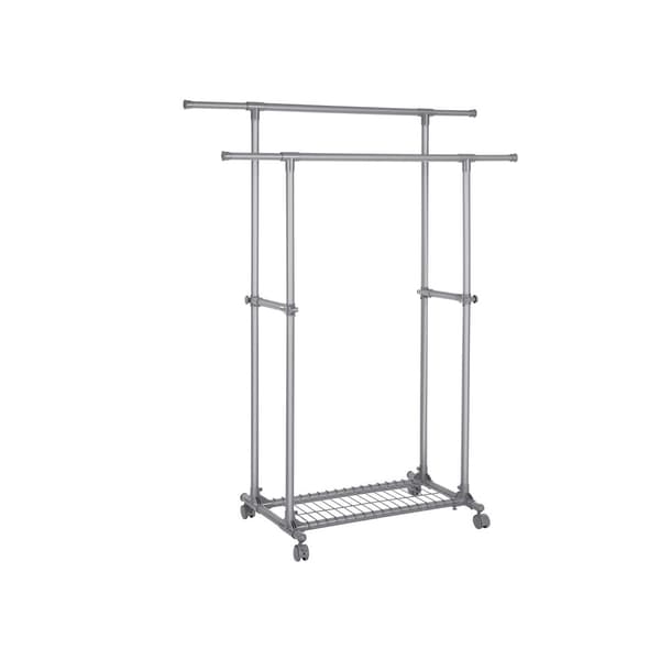 Dubbel klädstång, utdragbar klädställning, från 87 till 150 cm, rullande klädstång med hylla, robust konstruktion, max statisk belastning 70 kg, för