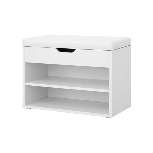 Skohylla med gångjärnsförsett lock och vadderad sits, skoorganisator med 2 fack, 60 x 30 x 44 cm, vit