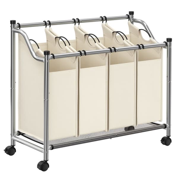 Rullande tvättsorterare, tvättkorg med 4 löstagbara påsar, tvättkorg, tvättvagn, för tvättstuga, sovrum, badrum, 4 x 35L, Beige