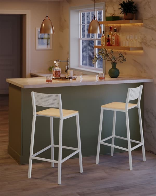 Barstol i industrielt design, sæt med 2, beige og hvid
