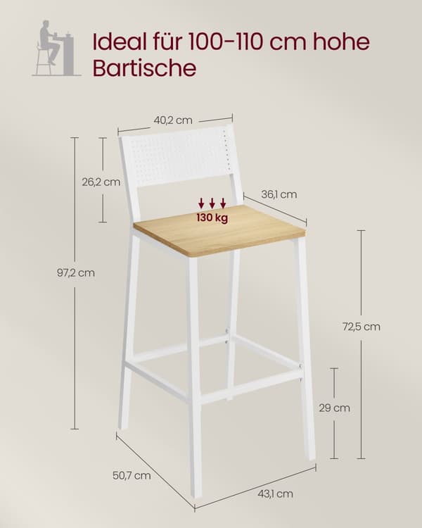 Barstol i industrielt design, sæt med 2, beige og hvid